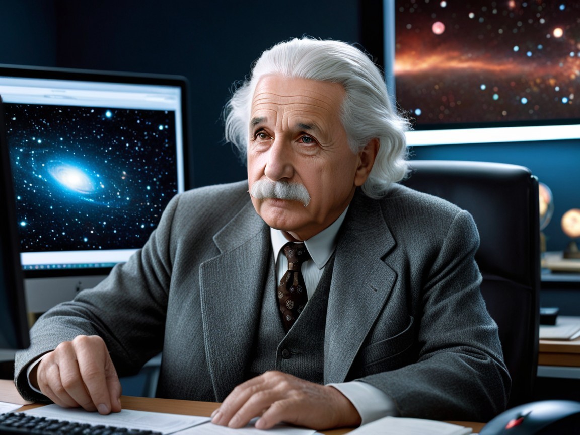 Scientist Analyzing Cosmic Images in Dimly Lit Room