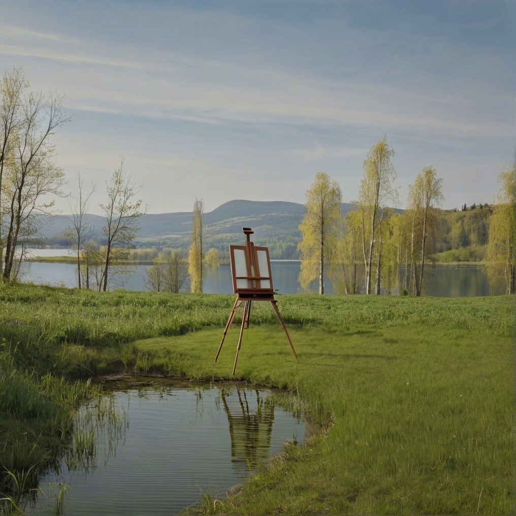 Serene Landscape with Easel by Tranquil Pond
