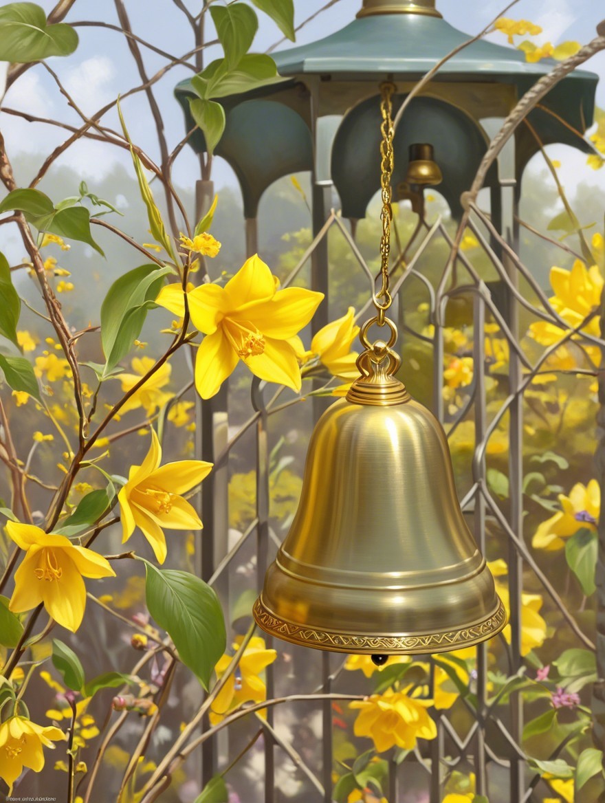 Brass Bell with Chain in Serene Garden Setting