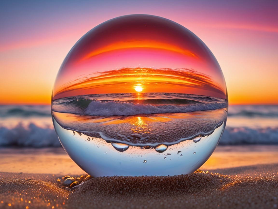 Glass Sphere Reflecting Sunset on Sandy Beach