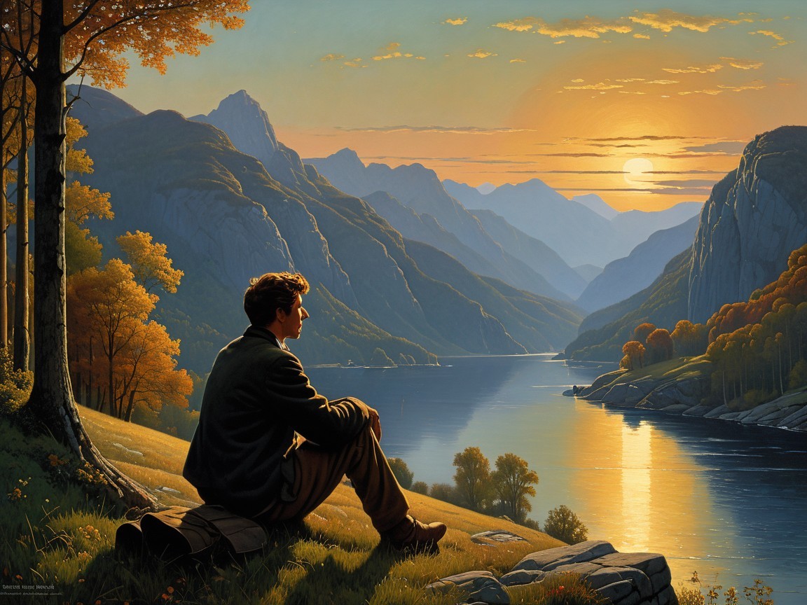 Serene lakeside scene with autumn foliage and mountains