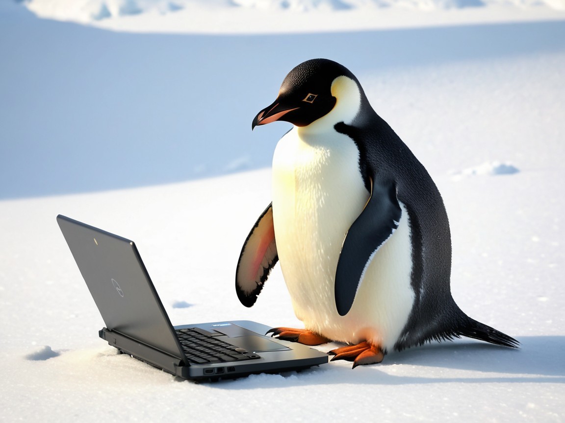 Emperor Penguin on Snow with Open Dell Laptop