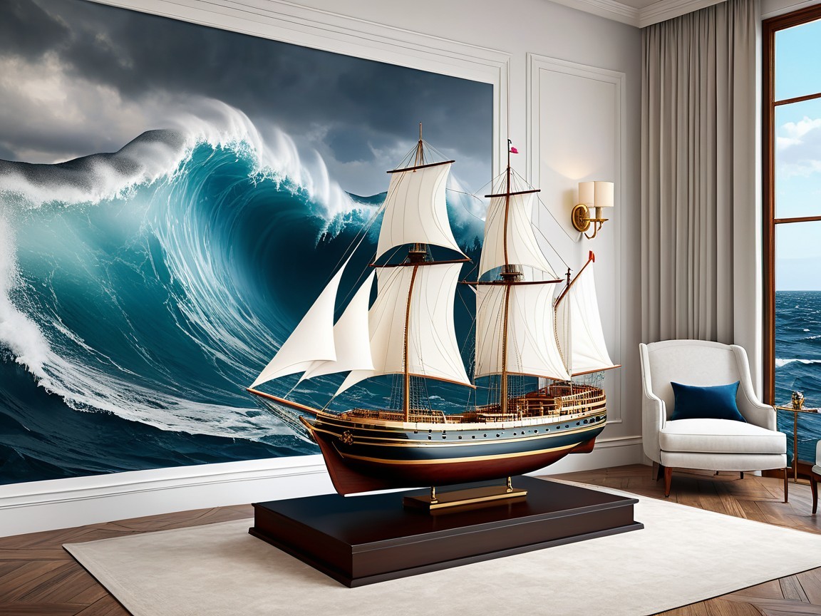 Model Ship Displayed with Ocean Wave Mural Background