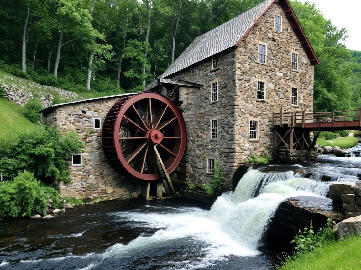 Stone Mill by River with Water Wheel and Waterfall