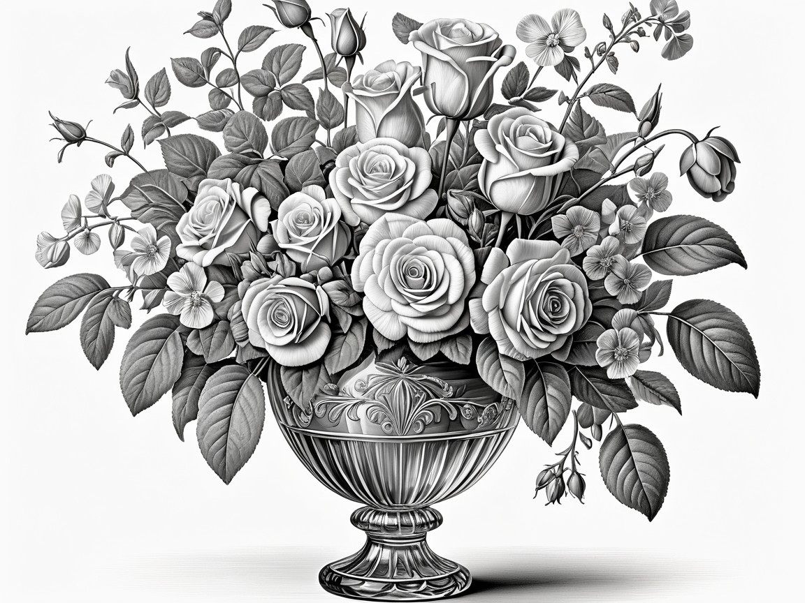 Monochromatic Illustration of Roses in Ornate Vase