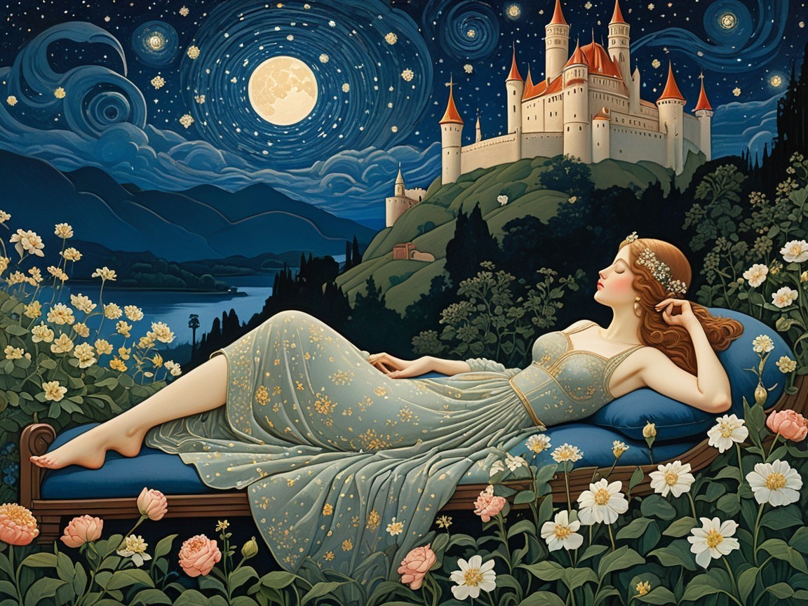 Serene Night Scene with Woman and Castle Under Stars