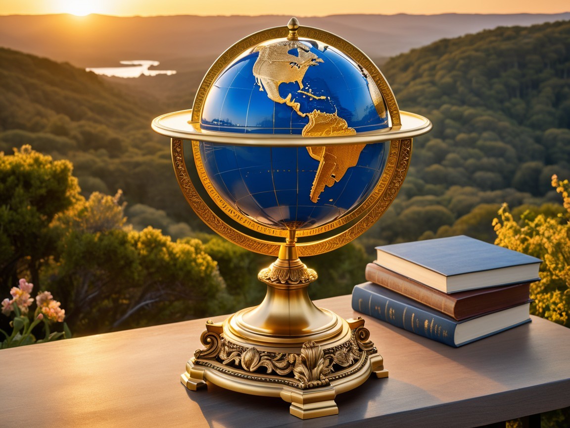 Elegant globe on decorative stand with sunset landscape