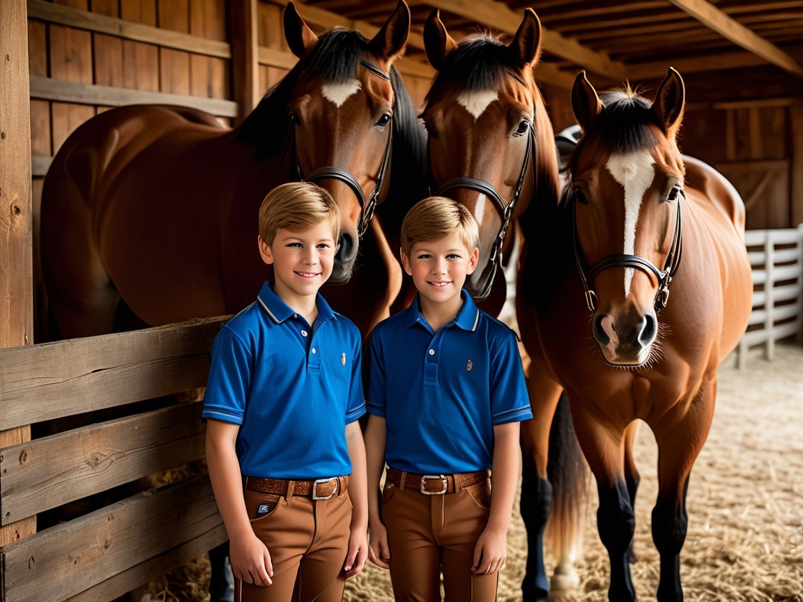 Boys in Polo Shirts with Horses in Rustic Barn Setting