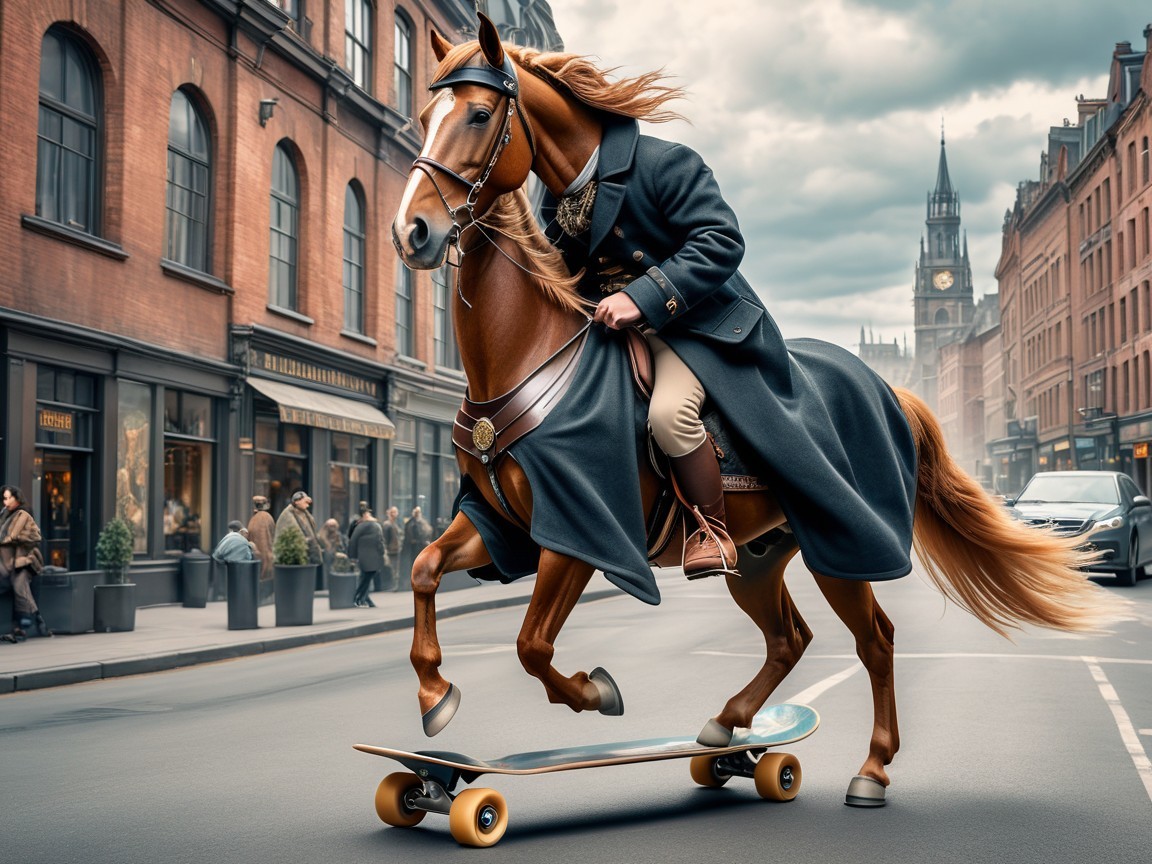 Well-Dressed Horse Skateboarding in Urban Setting