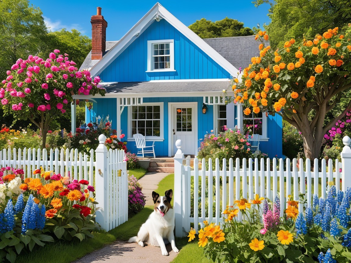 Charming Blue House Surrounded by Colorful Garden
