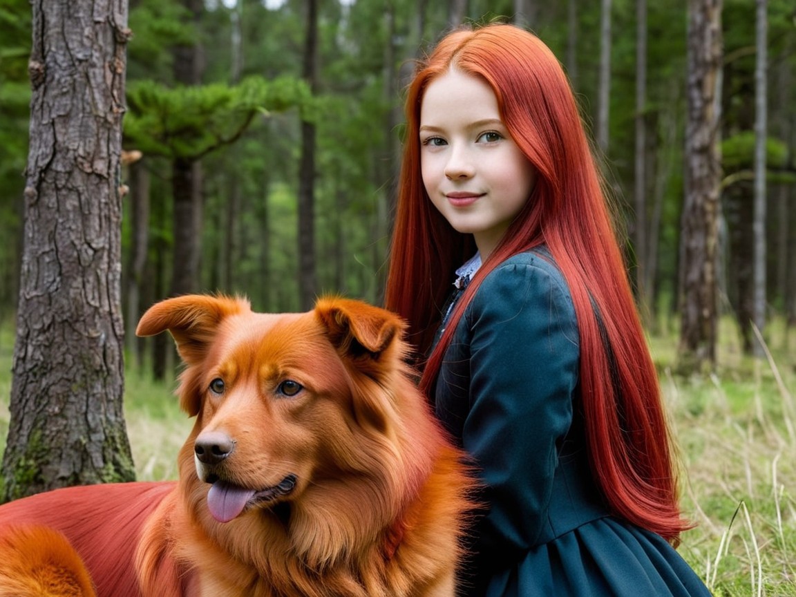 Young girl with red hair and dog in serene forest