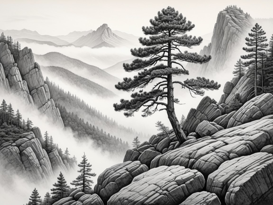 Black-and-White Landscape with Mountains and Pine Tree