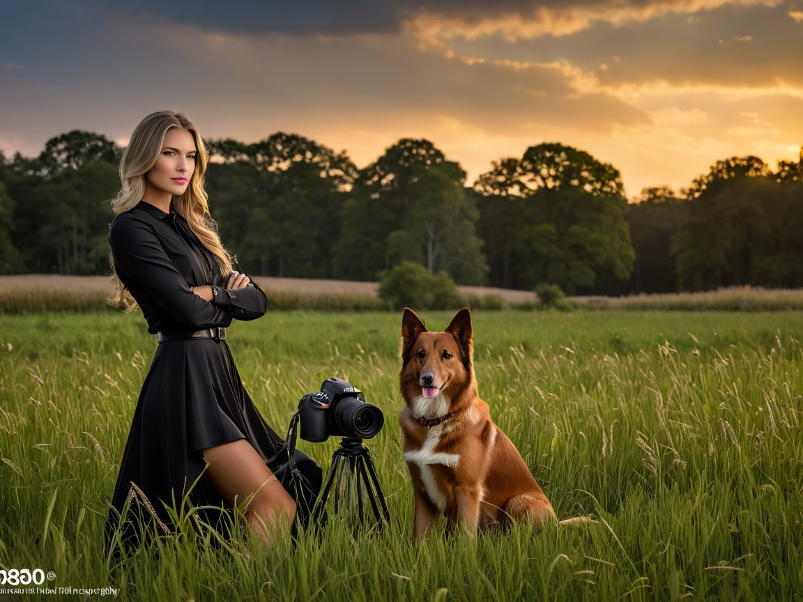 Woman in Black Dress with Dog in Sunset Field