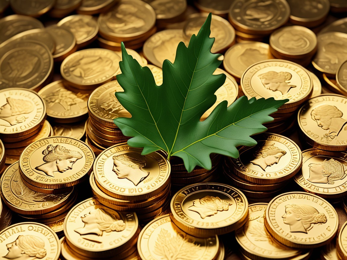 Green Maple Leaf on Shiny Gold Coin Background