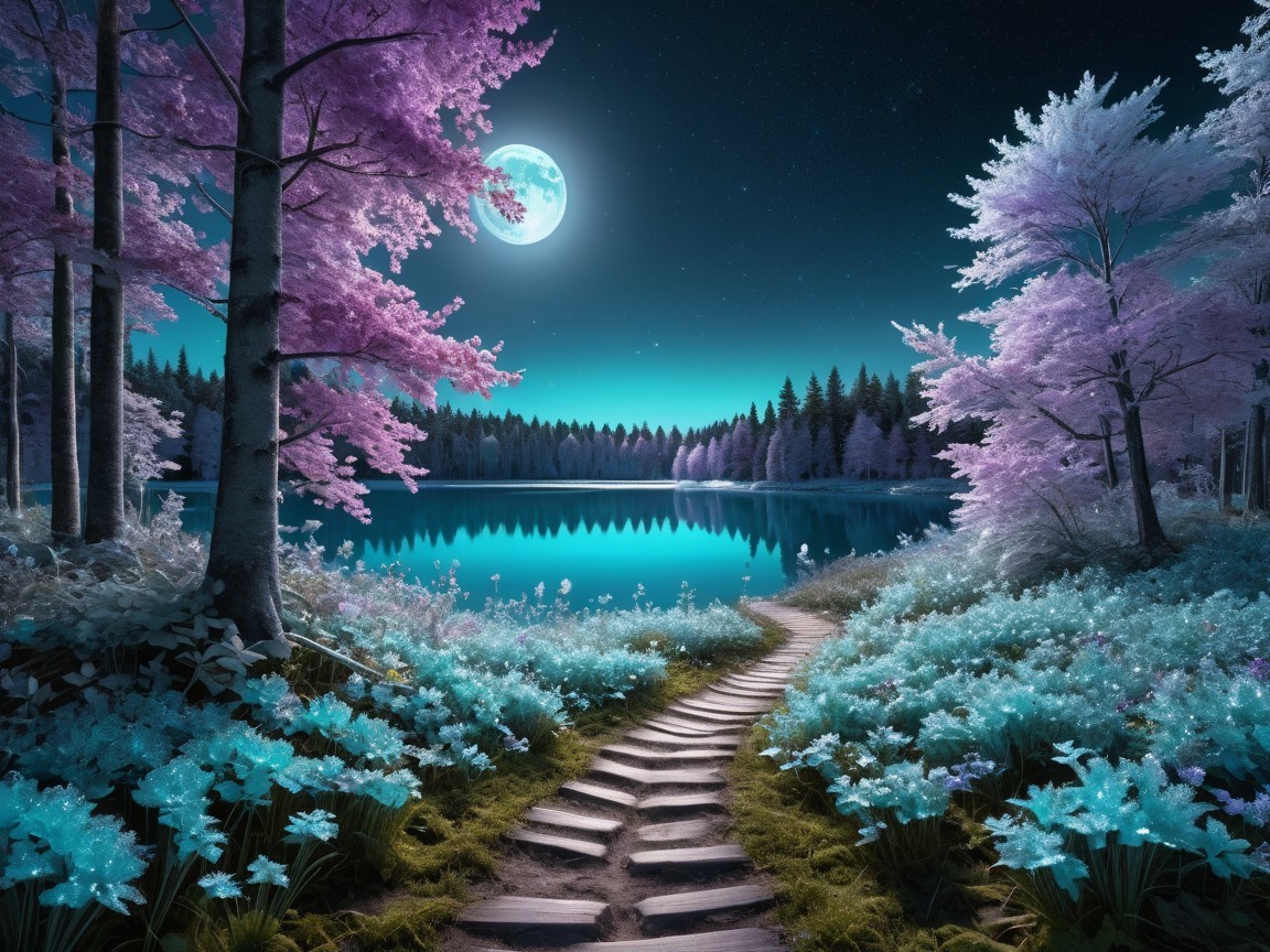 Fantasy Landscape with Moonlit Lake and Trees