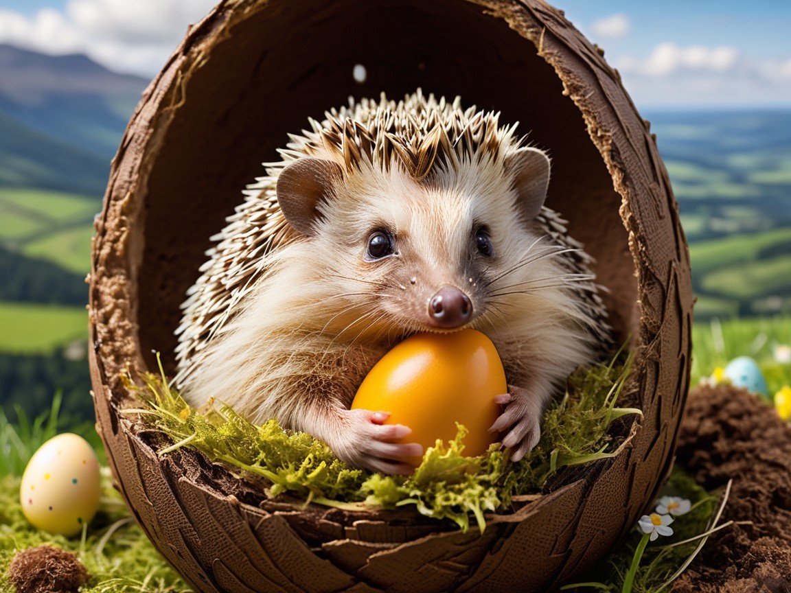 Hedgehog in Chocolate Egg Surrounded by Easter Eggs
