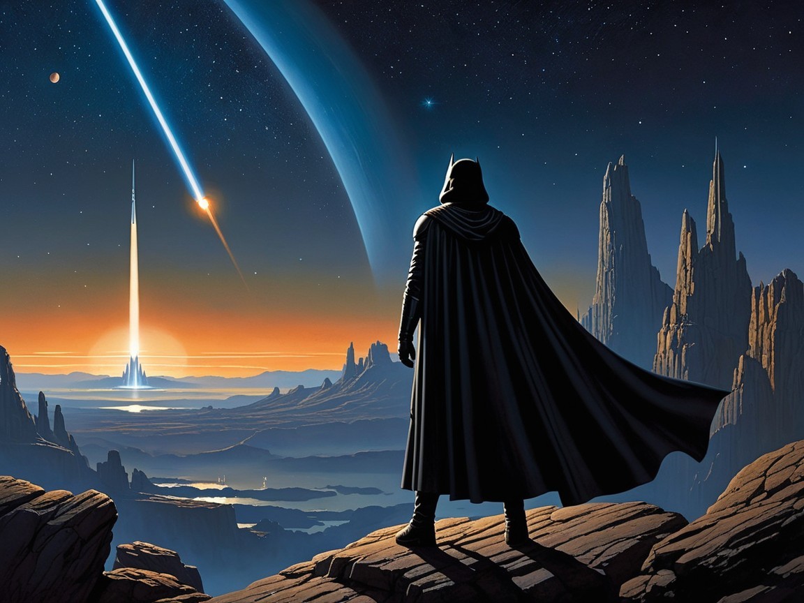 Hooded Figure Overlooks Alien Landscape at Sunset