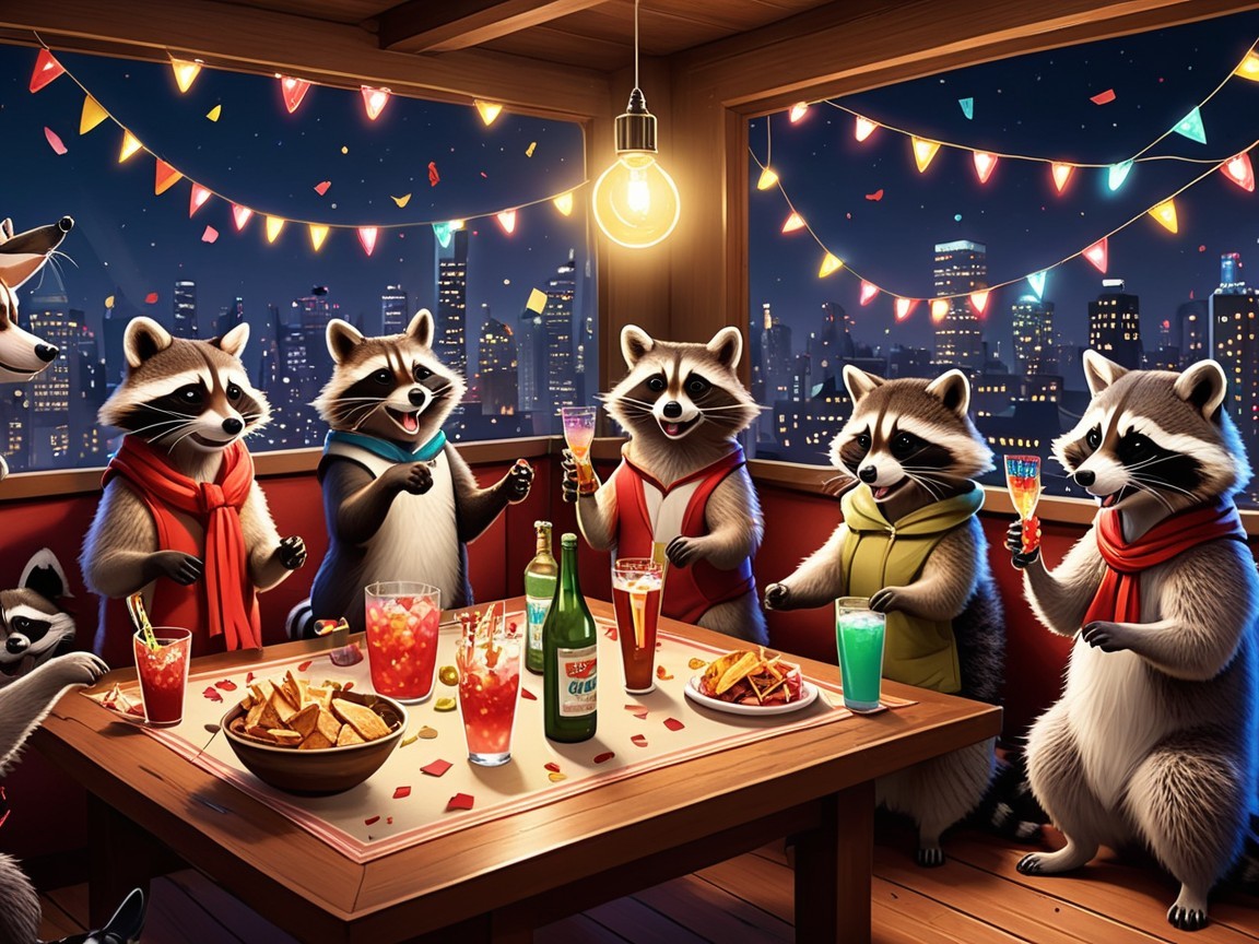 Raccoons at a Night Party with Cityscape Background
