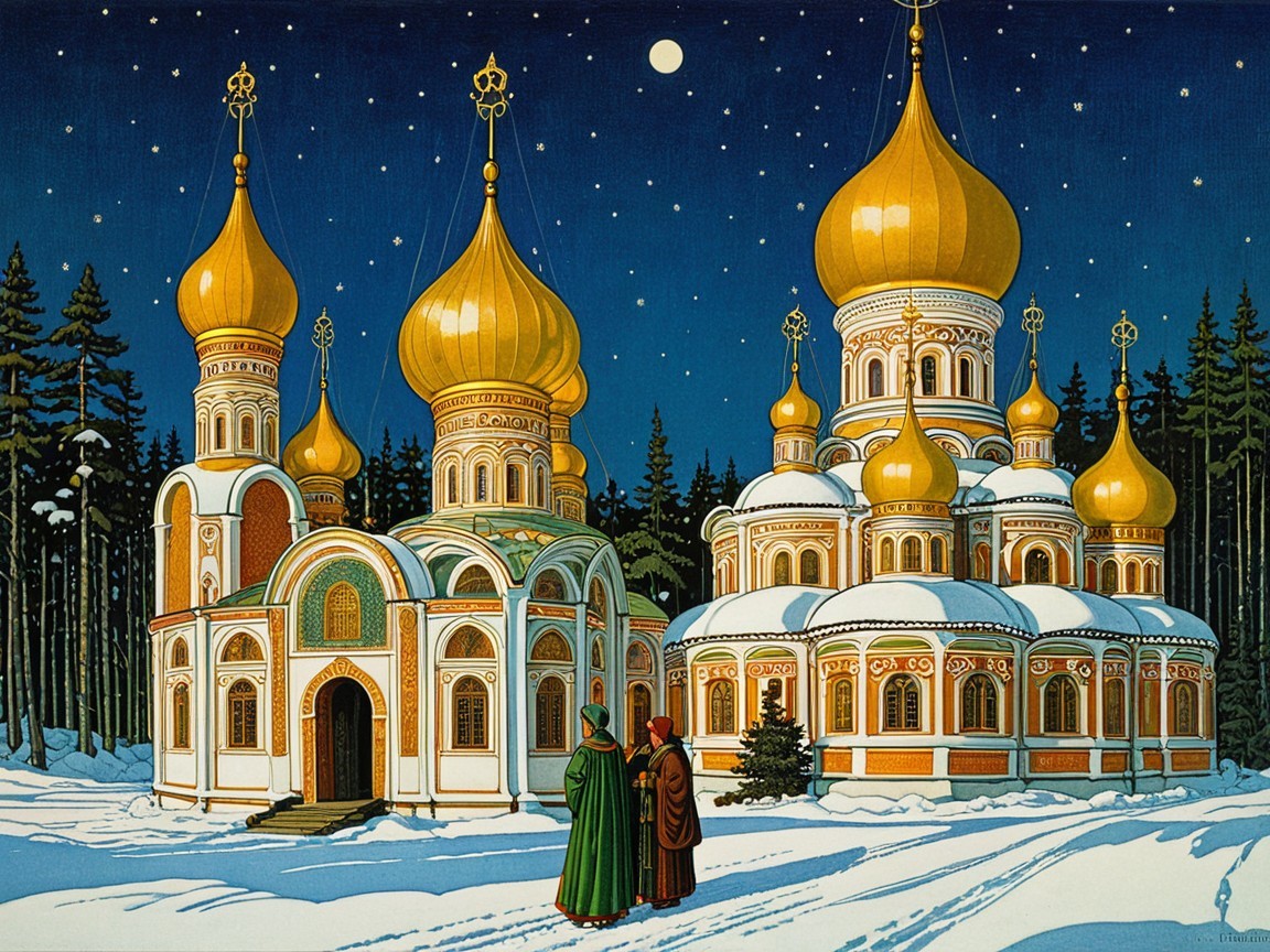 Winter Landscape with Church and Starry Night Sky