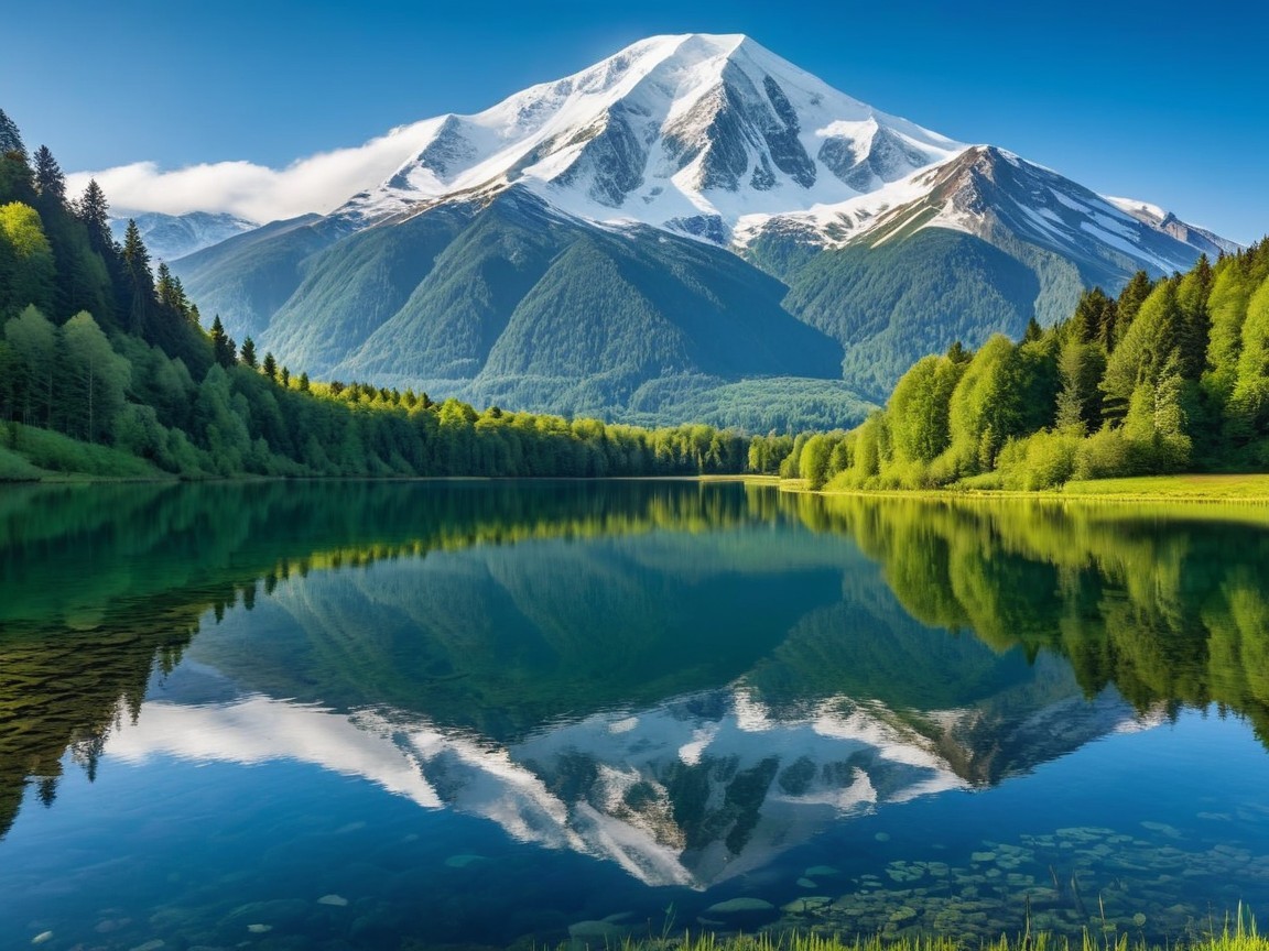 Majestic Snow-Capped Mountain Over Tranquil Lake