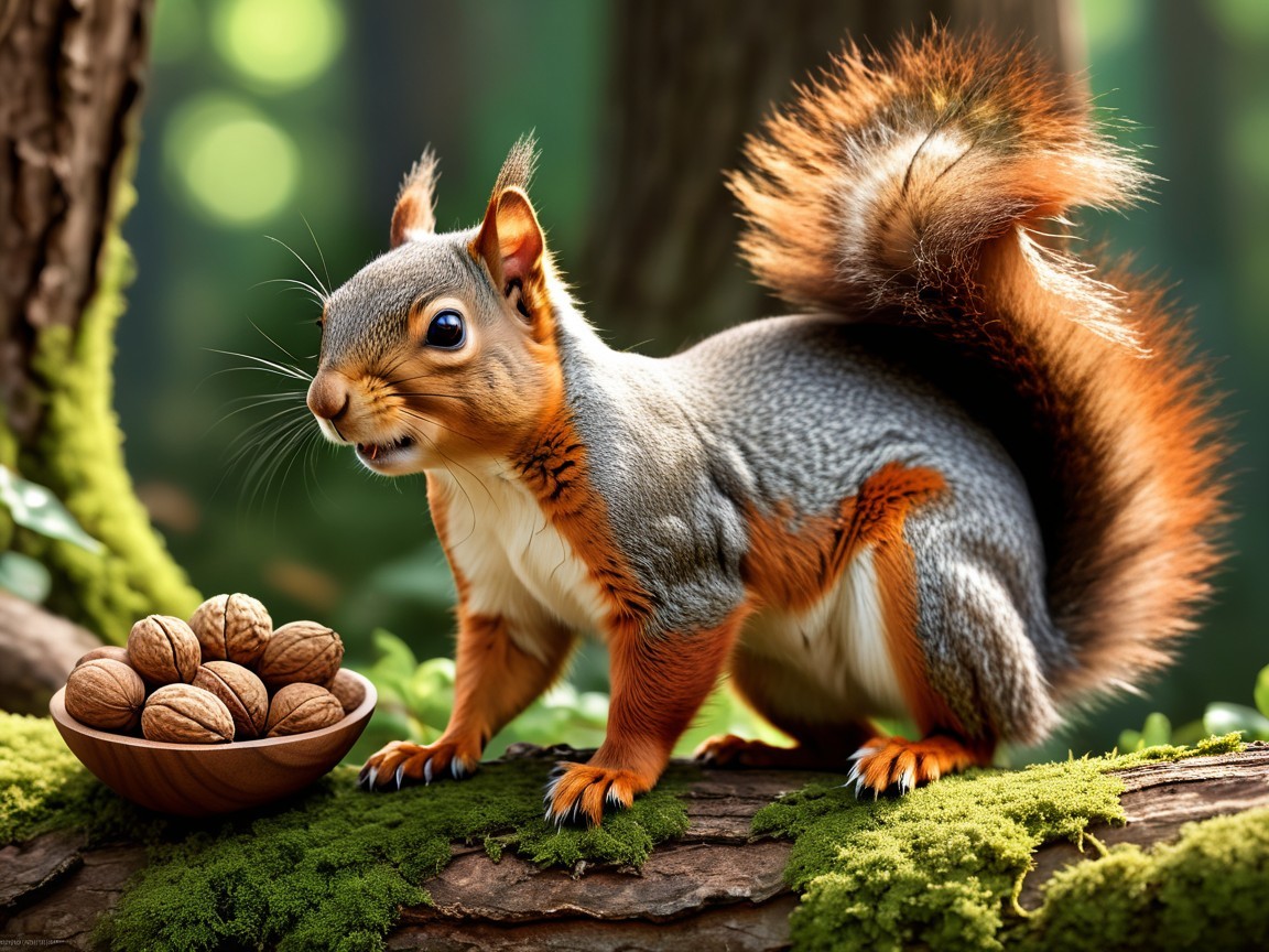 Squirrel on Mossy Log in Serene Forest Setting