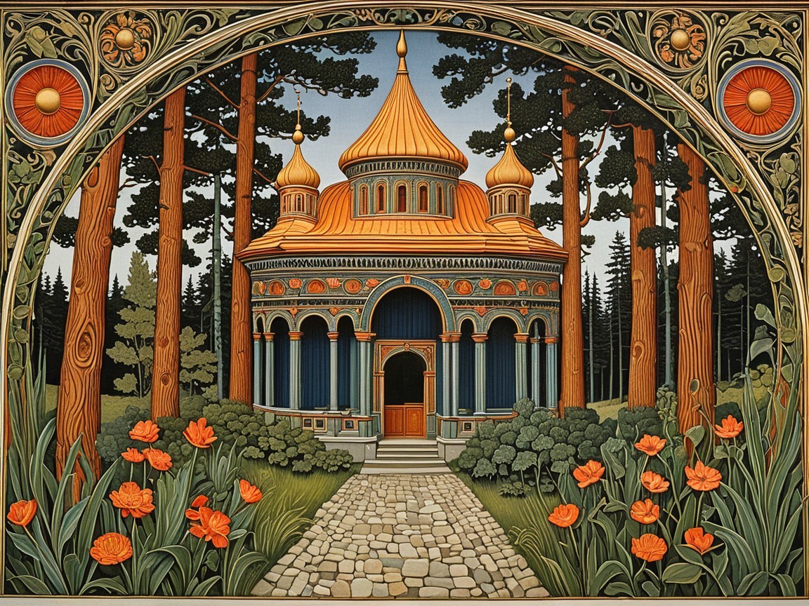 Art Nouveau Illustration of a Golden Pavilion Building