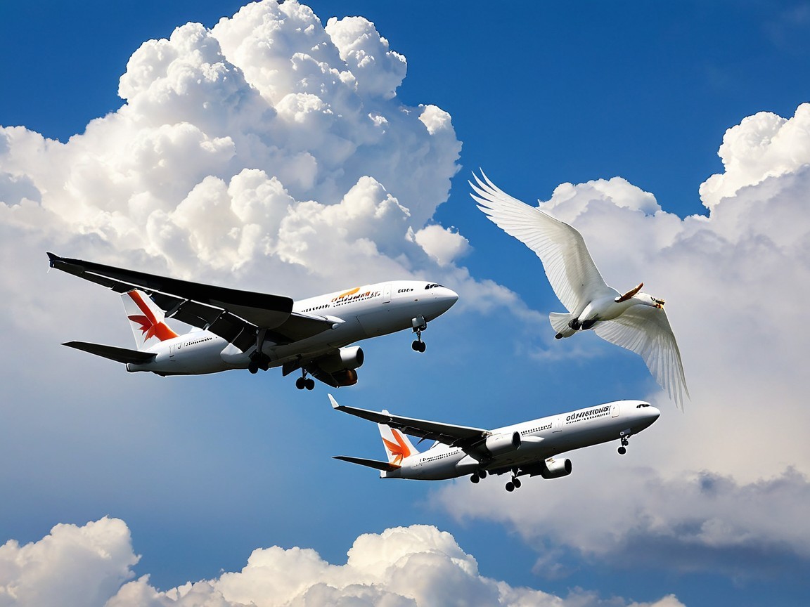 Airplanes and Bird in Vibrant Sky Scene