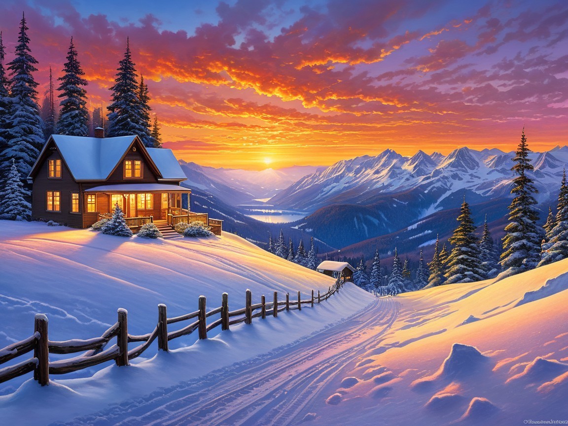 Cozy cabin in a serene winter landscape with mountains