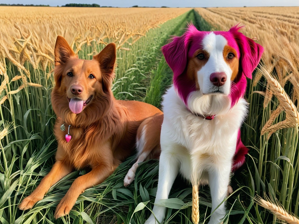 Dogs Relaxing in a Golden Wheat Field Under Blue Sky