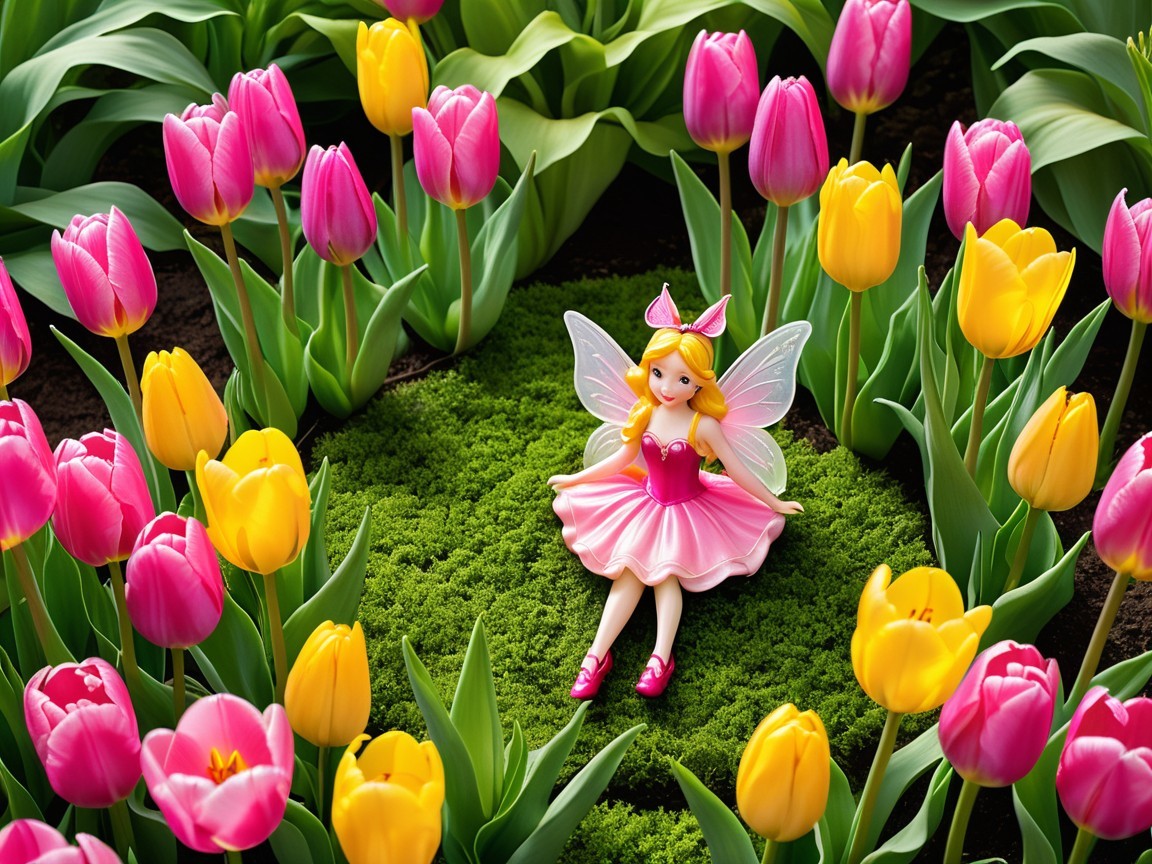 Fairy Figurine Surrounded by Colorful Tulips in Garden