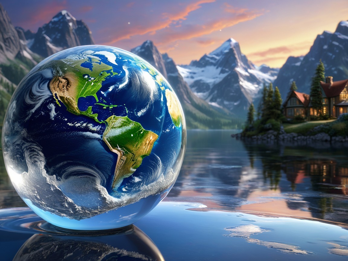 Reflective Earth Globe on Tranquil Lake at Sunset