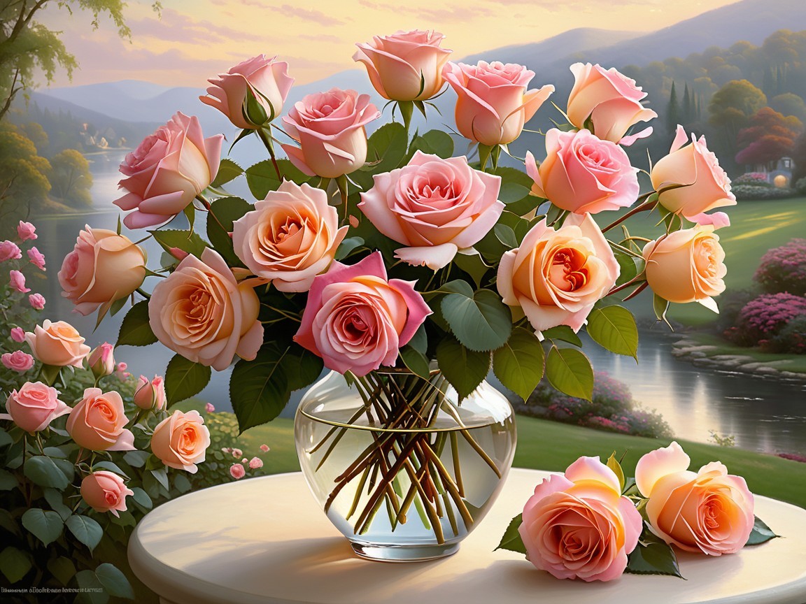 Soft Pink Roses in a Clear Glass Vase with Landscape