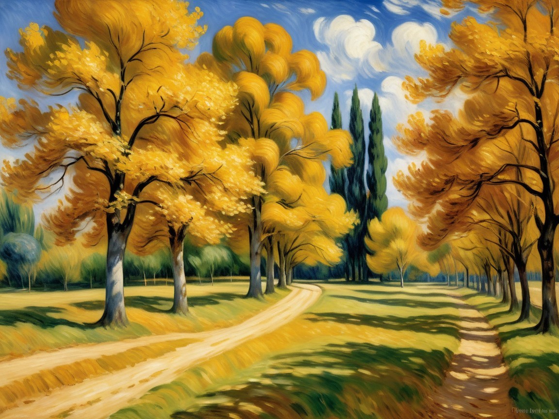 Autumn Landscape with Diverging Paths and Trees
