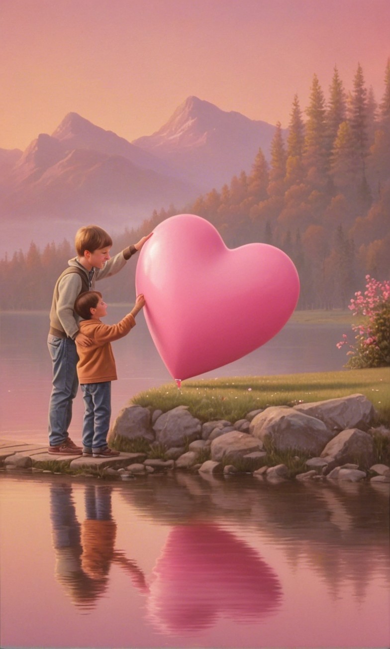Children with Heart-Shaped Balloon at Sunset Lake