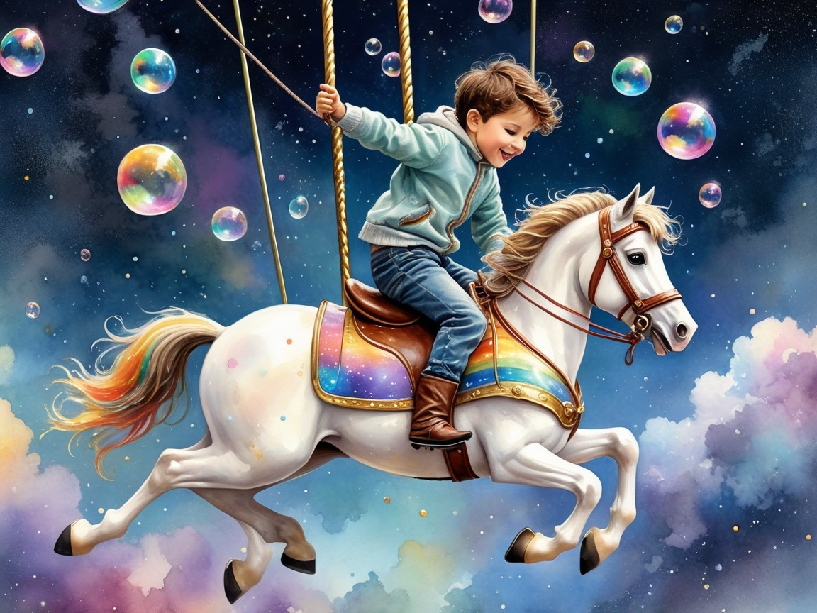 Joyful Child on Whimsical Carousel Horse at Night