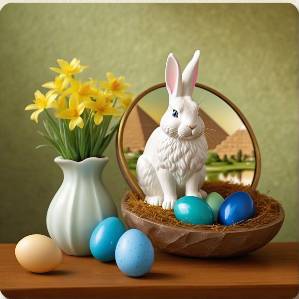 Ceramic Rabbit in Basket with Eggs and Daffodils