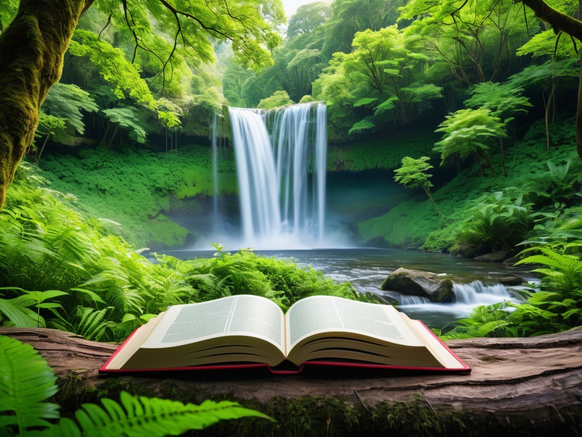 Book on Mossy Log in Serene Forest with Waterfall