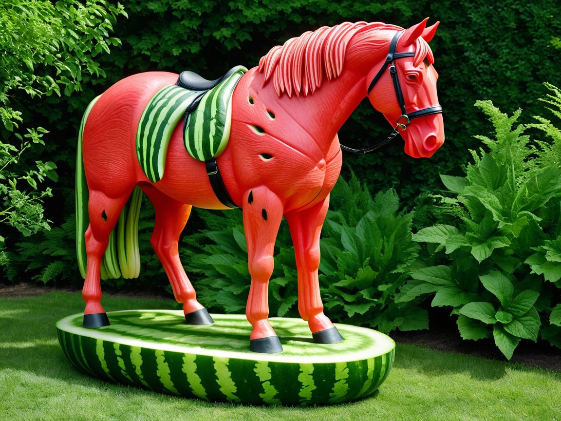 Life-Sized Watermelon Horse Sculpture in Garden Setting
