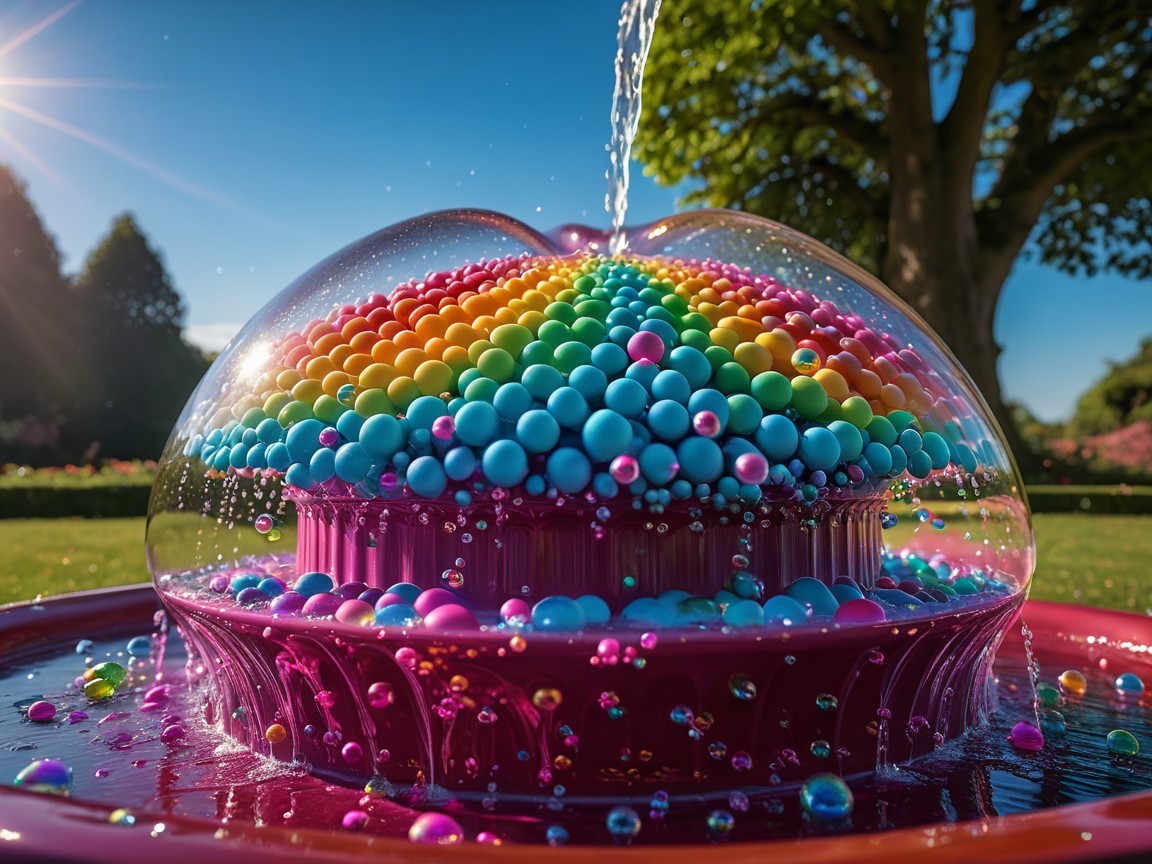 Whimsical fountain with colorful dome and cascading water