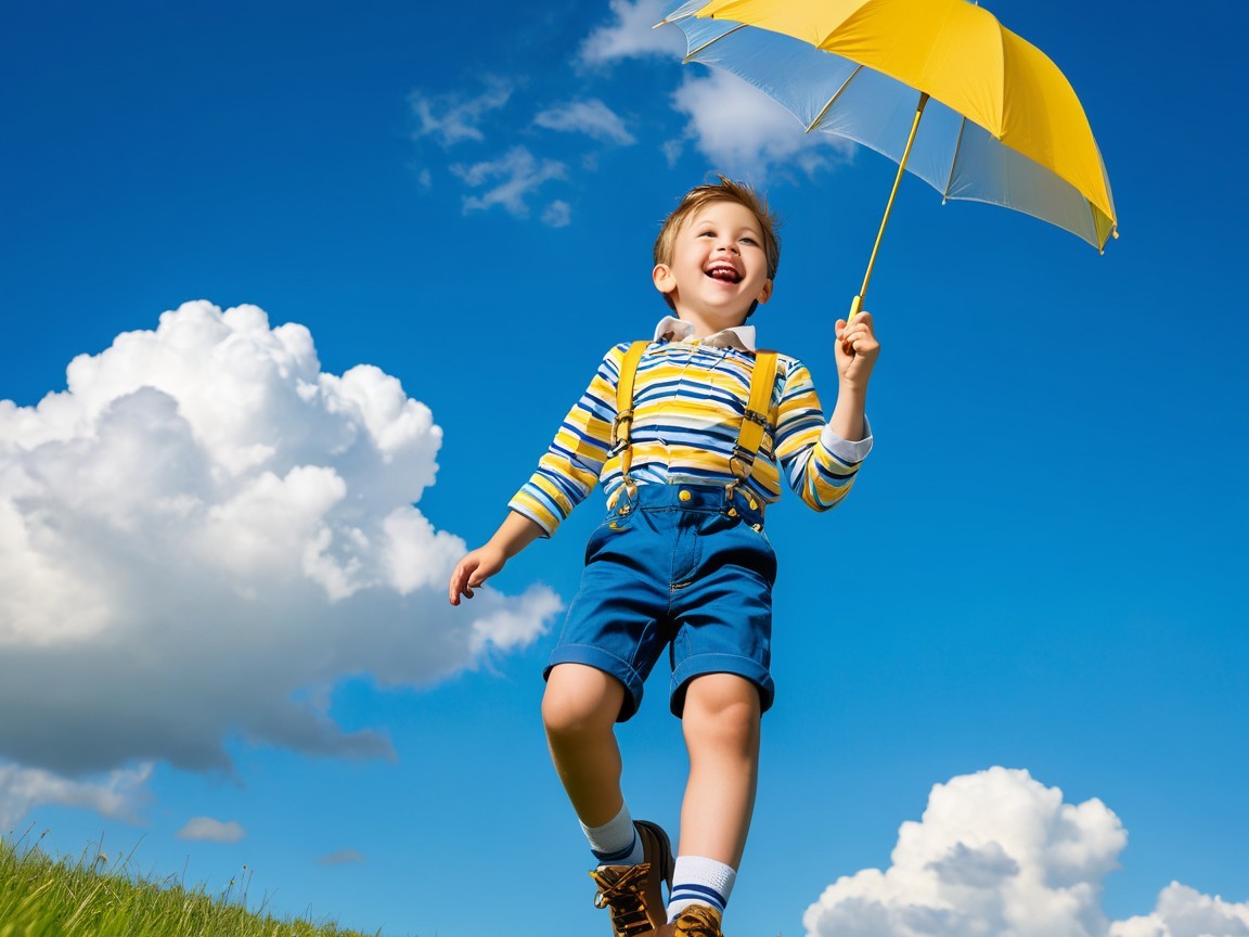 Cheerful boy with yellow umbrella in grassy field