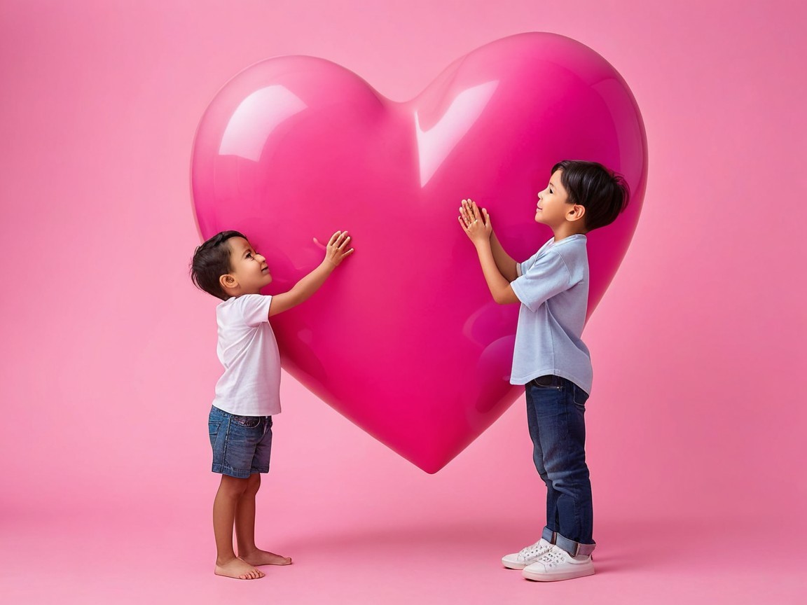 Children Interacting with a Large Pink Heart Backdrop