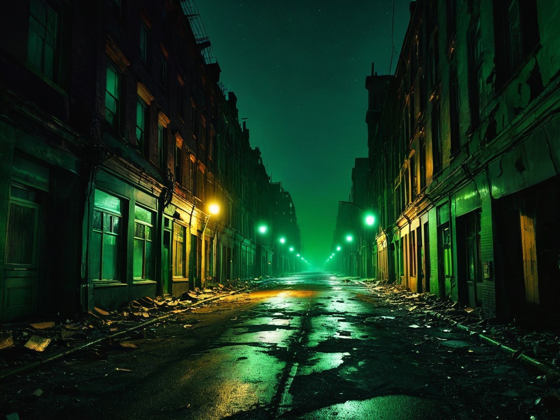 Desolate Night Street with Decaying Buildings and Lights