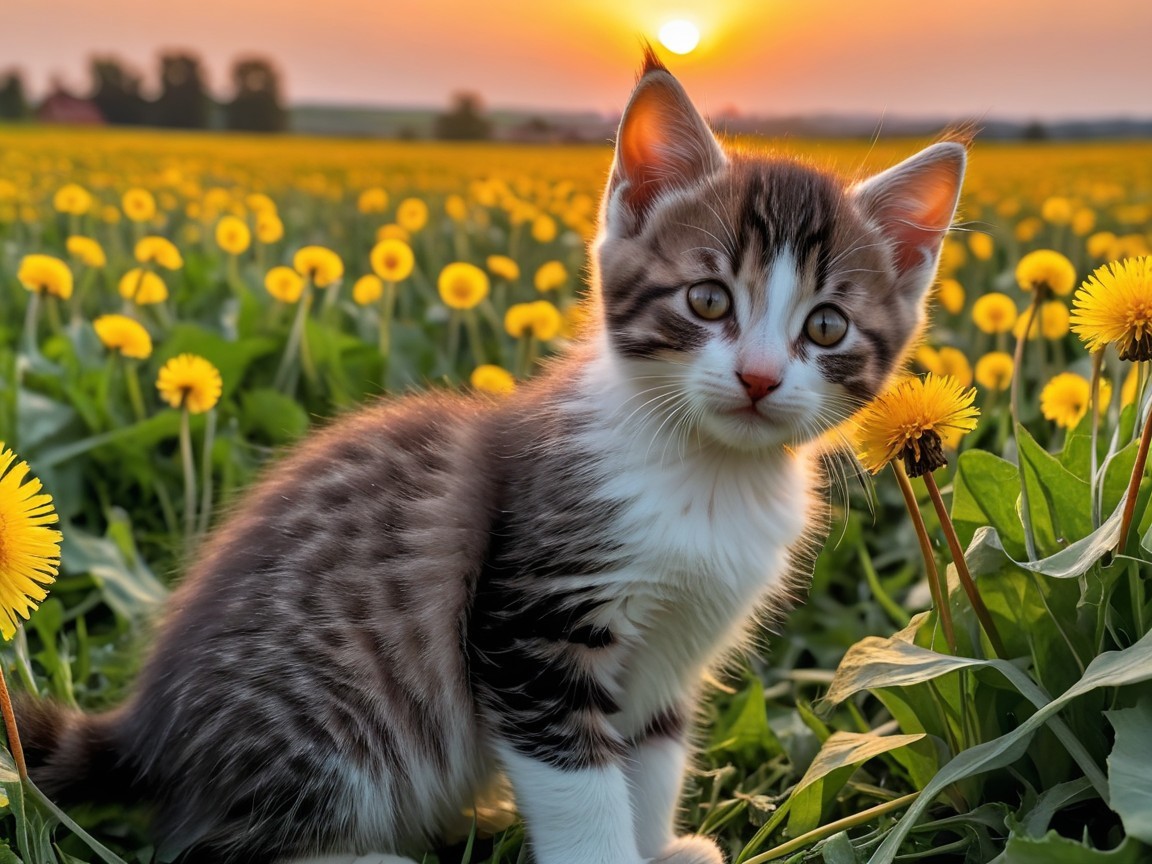 Kitten in a Field of Dandelions at Sunset