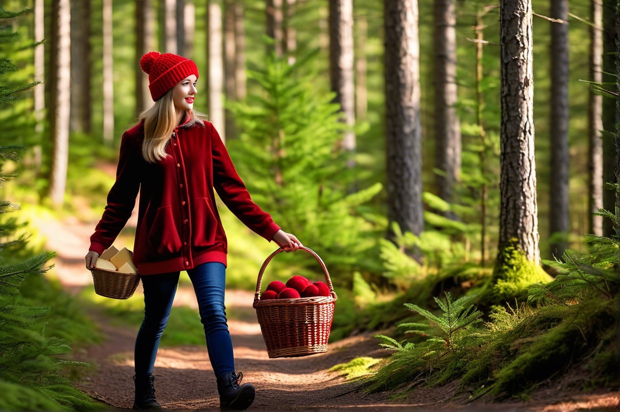 Young woman walking on forest path with baskets