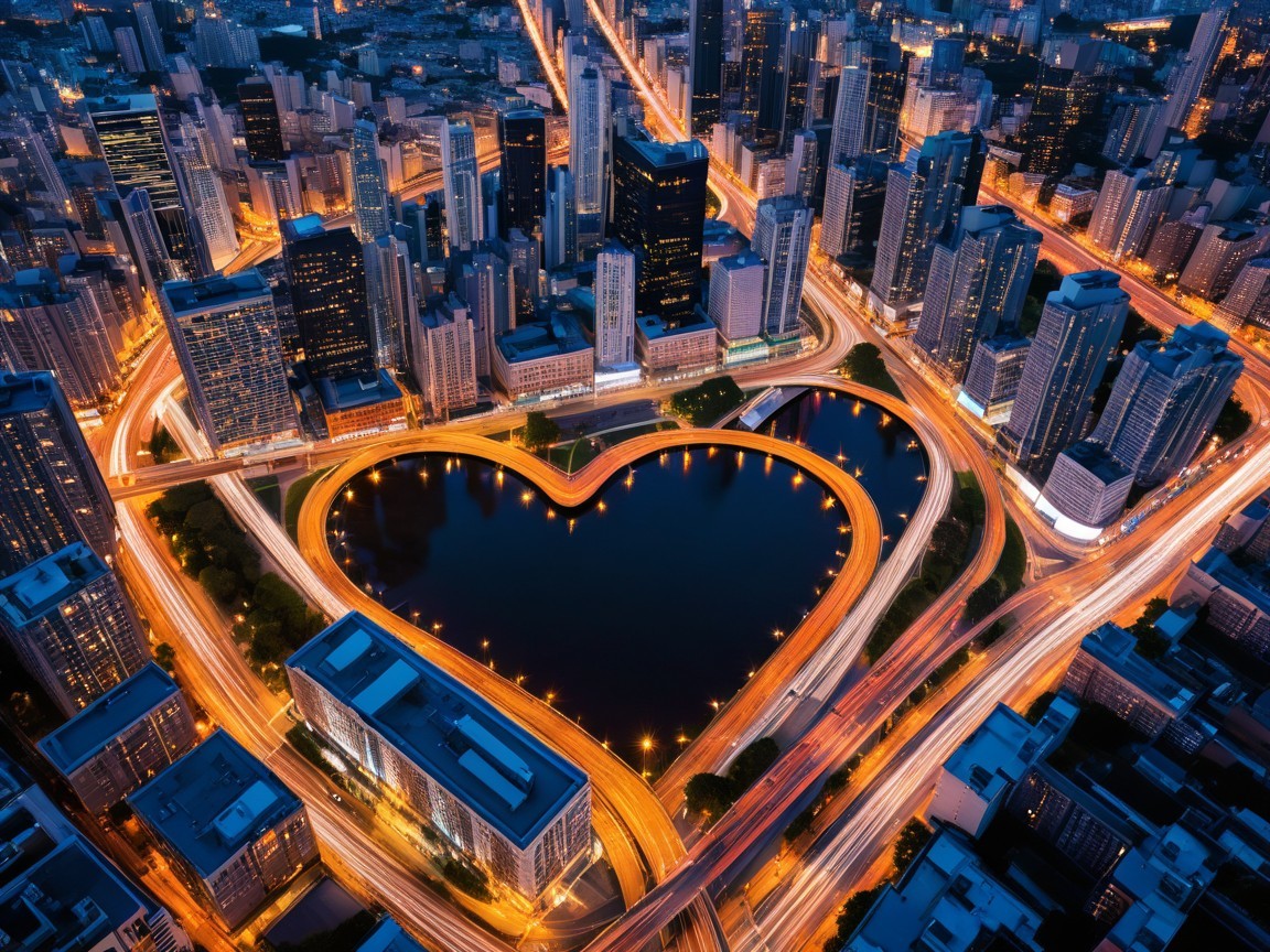 Aerial View of Cityscape with Heart-Shaped Lake