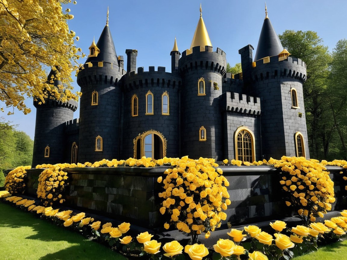 Black Stone Castle with Towers and Golden Spires