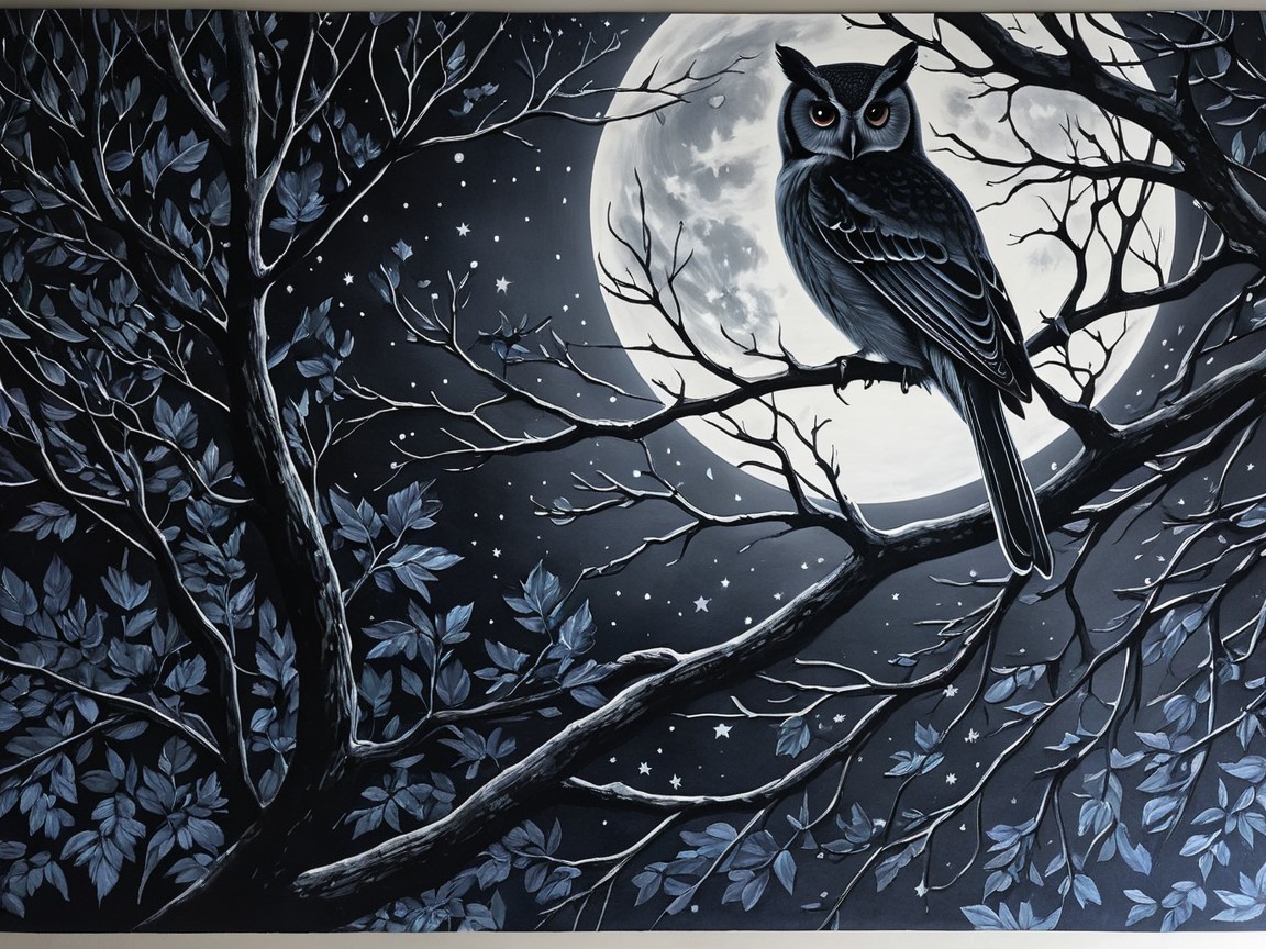Monochromatic Owl Painting with Moon and Stars