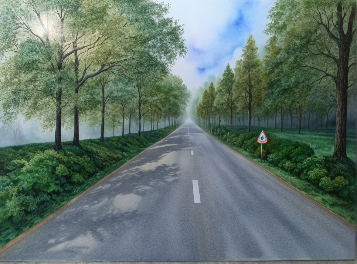 Serene Landscape with Lush Greenery and Foggy Road