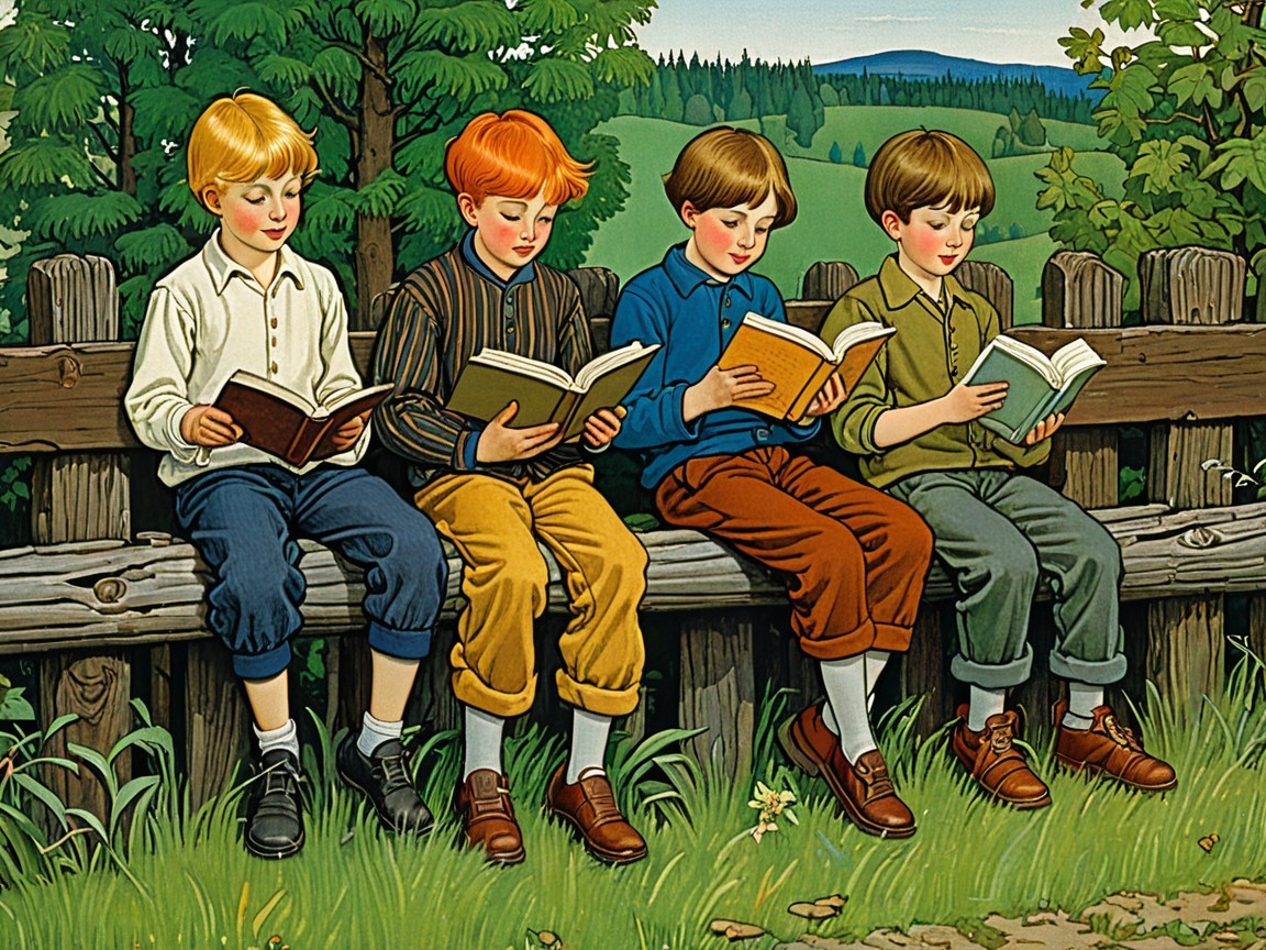 Boys Reading Books on a Wooden Fence Rail