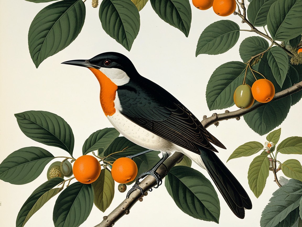 Illustration of a bird on a branch with fruit and leaves